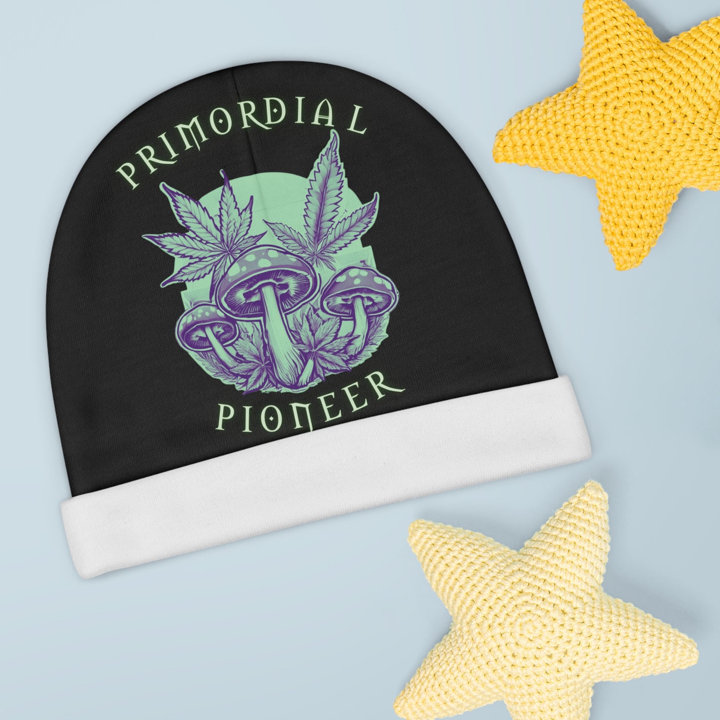 Primordial Pioneer Baby Beanie - Cute Mushroom & Leaf Design